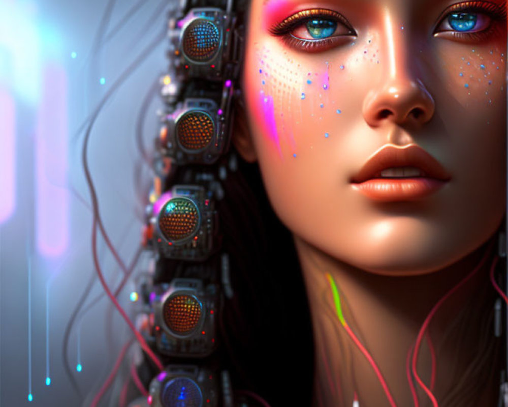 Futuristic digital artwork of a woman with blue eyes and cyborg features