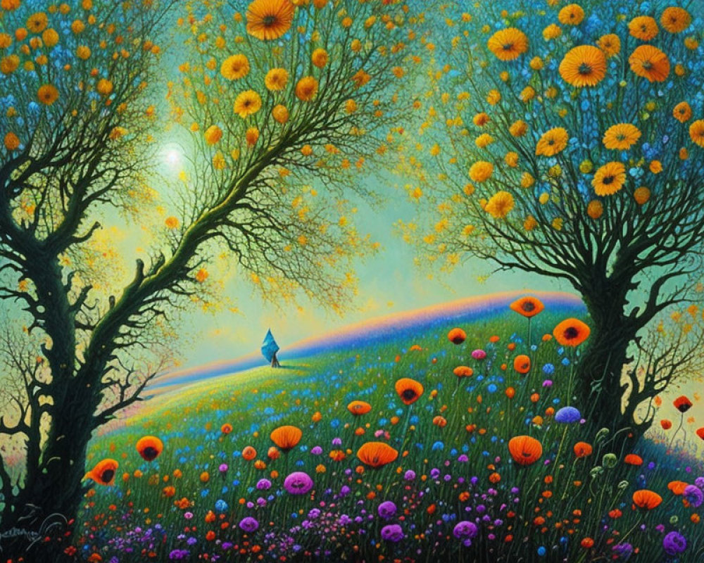 Colorful Landscape with Flowers, Trees, Rainbow, and Figure