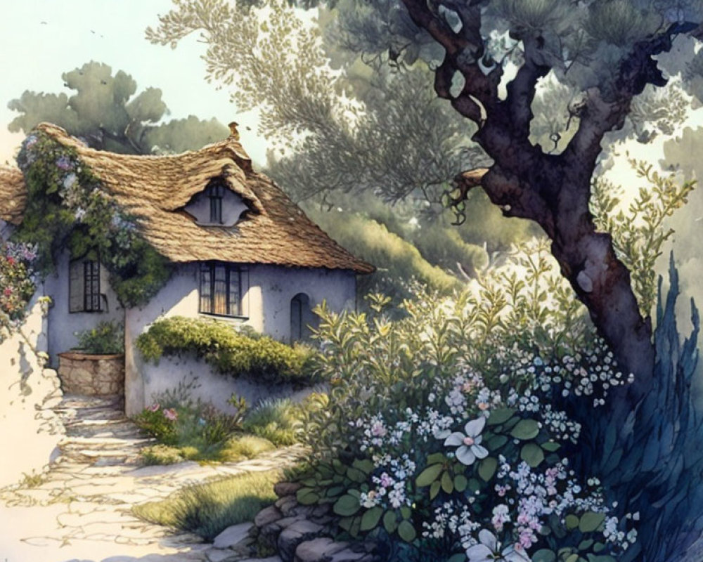 Thatched roof cottage in lush greenery & tree landscape