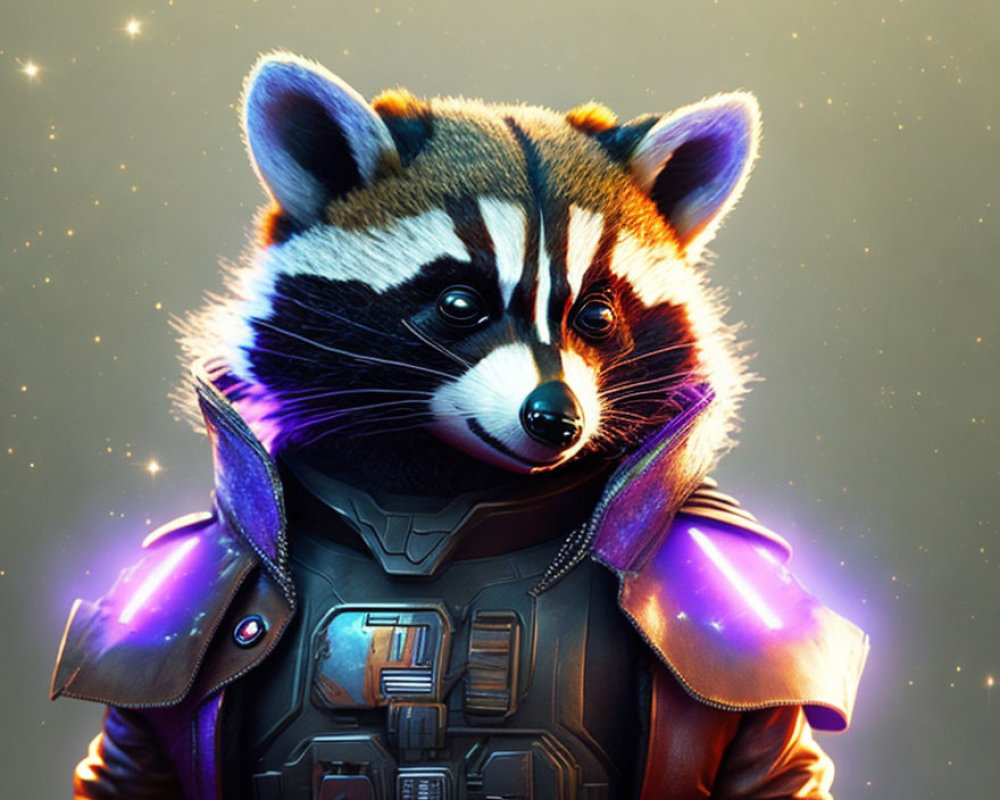 Realistic raccoon in futuristic armor with neon elements on cosmic backdrop