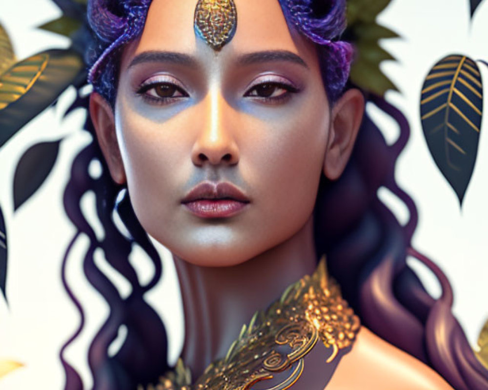 Stylized portrait of woman with leaf crown and purple flowers
