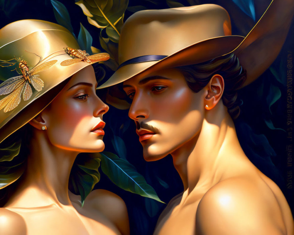 Illustrated portrait of woman and man in elegant hats with dragonfly brooches against lush green backdrop