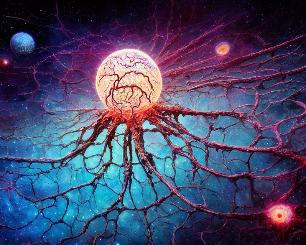 Surreal cosmic scene with neuron-like structure and glowing central sphere