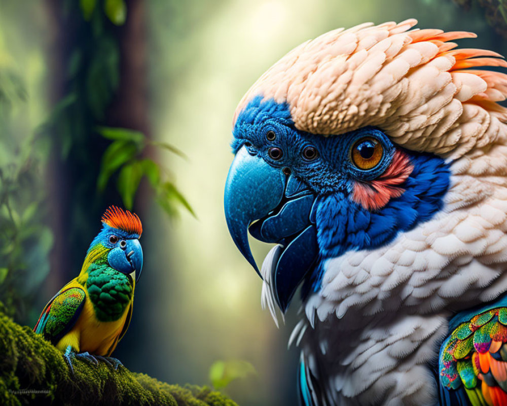 Colorful Macaw Observing Smaller Parrot with Vibrant Feathers