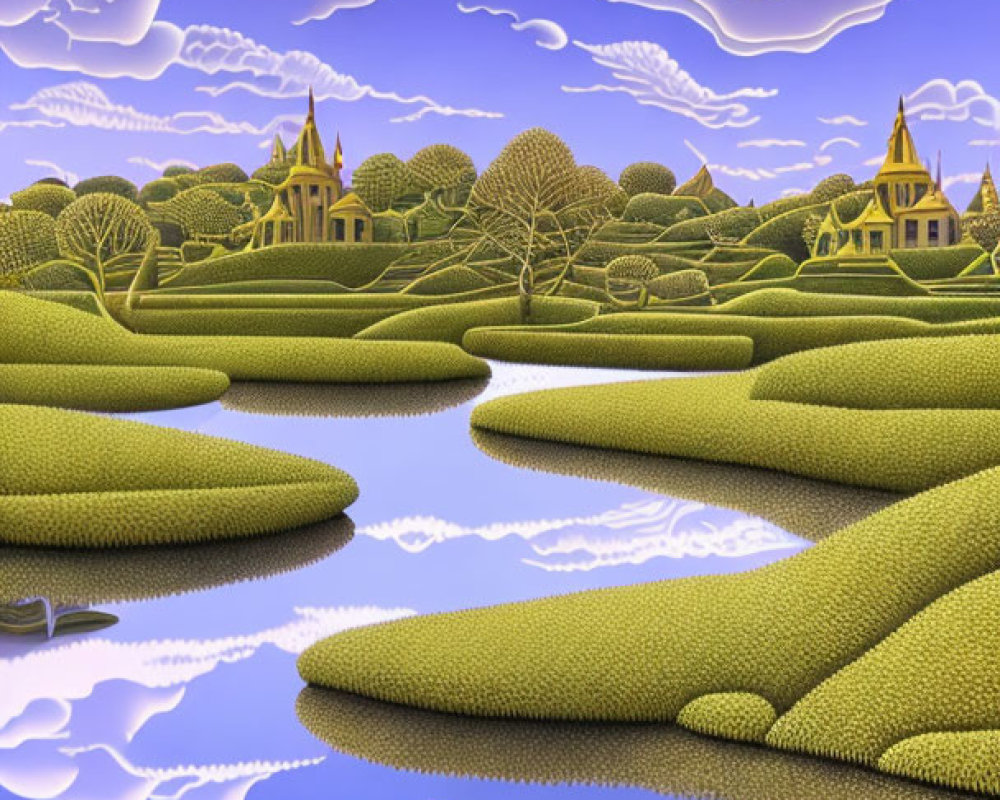 Surreal landscape with water, hedges, boat, and golden buildings under purple sky