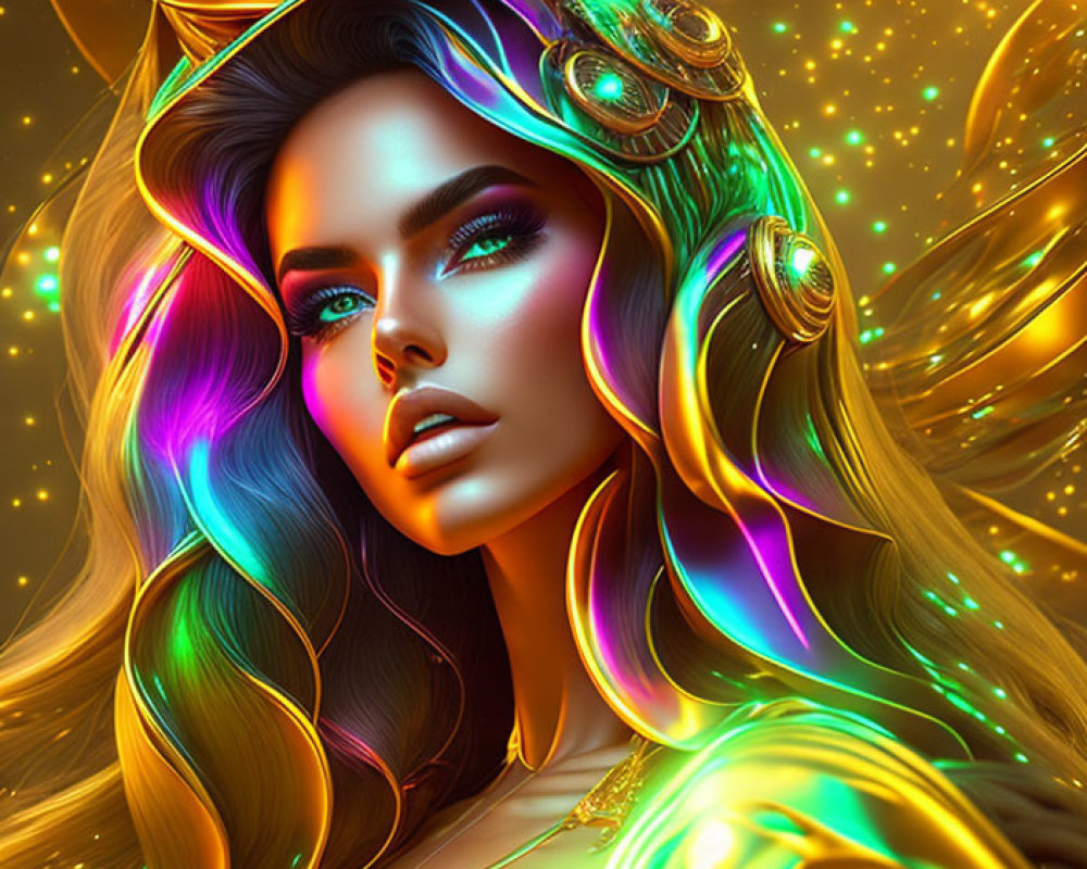 Vibrant digital illustration of fantastical woman with iridescent hair and ornate headpieces.