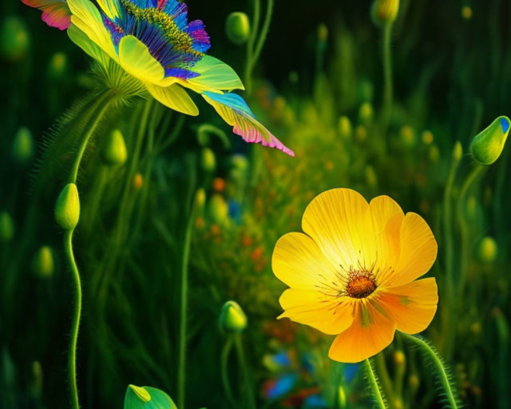 Colorful digital flower art with large yellow bloom on dark background