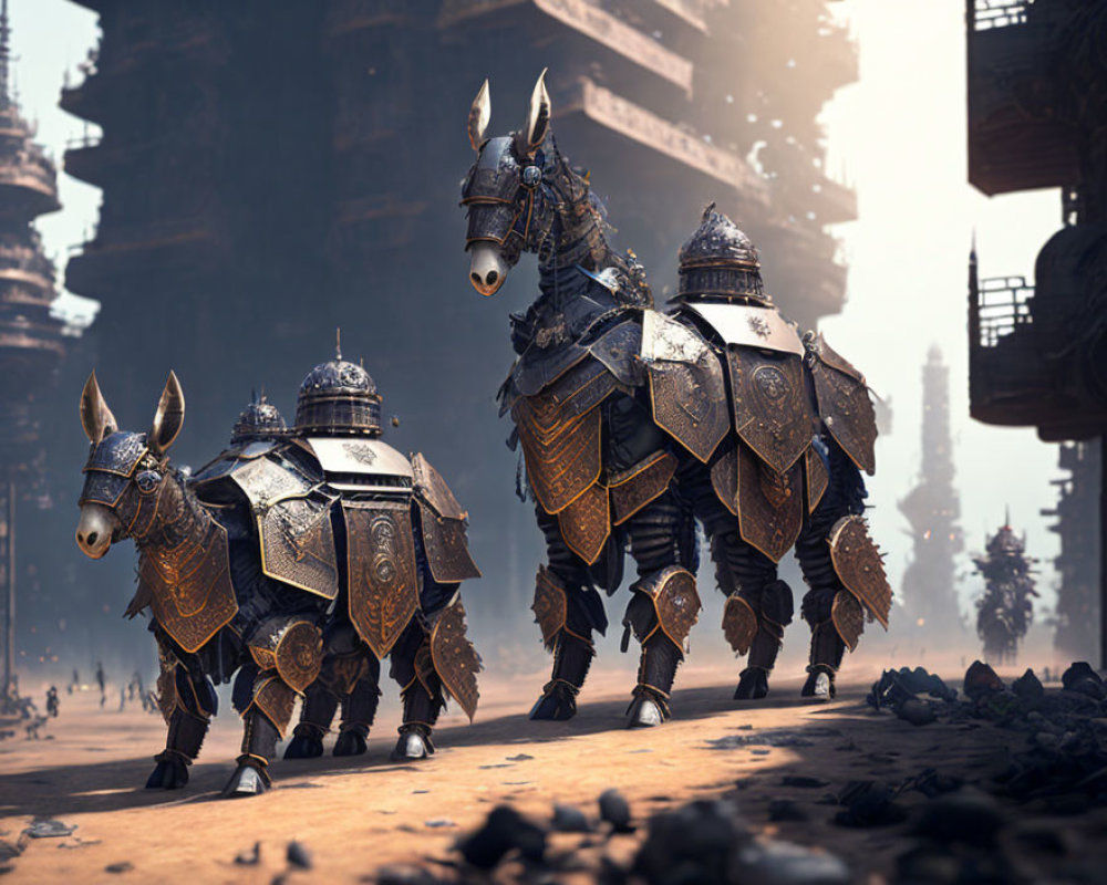 Armored horse and two donkeys in medieval-style barding in futuristic landscape