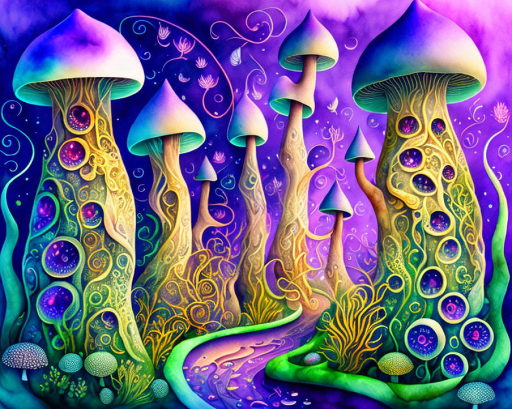 Colorful Stylized Mushroom Illustration on Psychedelic Background