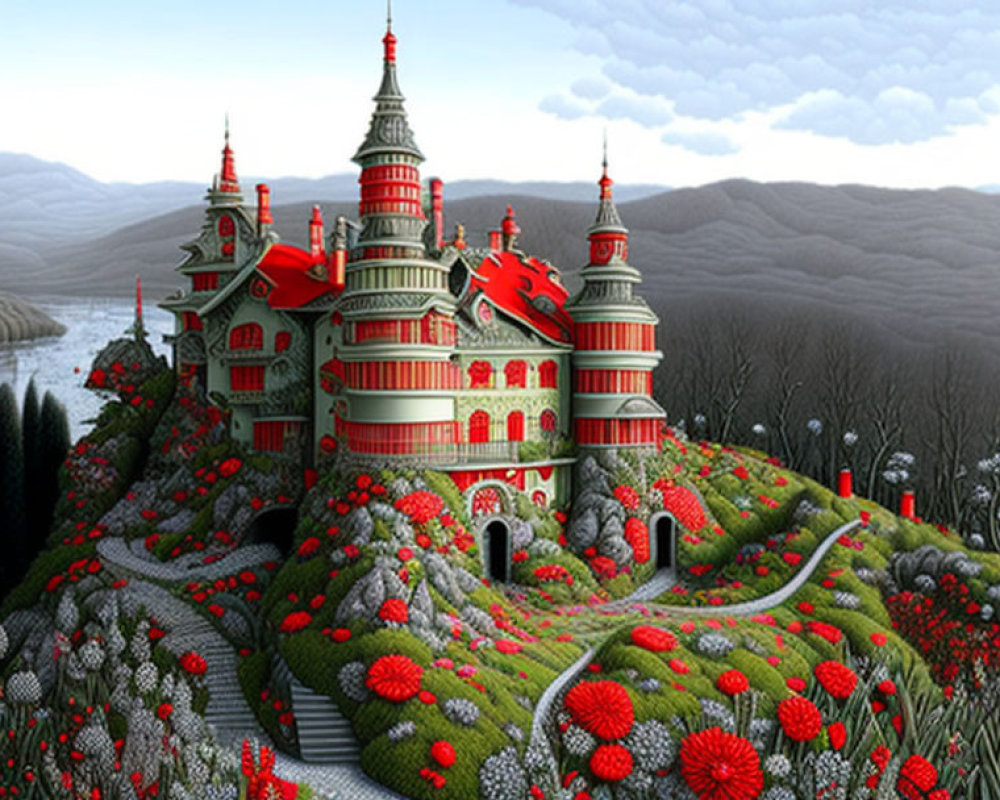 Vibrant red castle with spires in lush landscape and river view