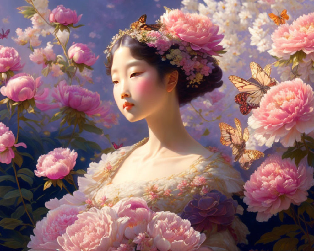 Serene woman with pink peonies and butterflies in soft sky