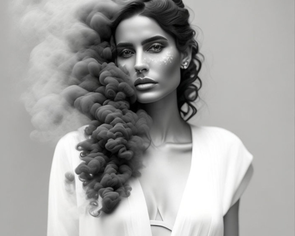 Monochrome portrait of woman with dark hair and artistic makeup and flowing smoke effect.