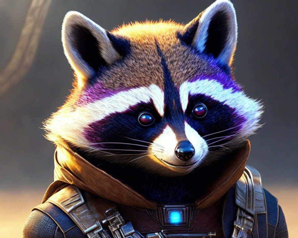 CGI raccoon character in futuristic suit with glowing blue element