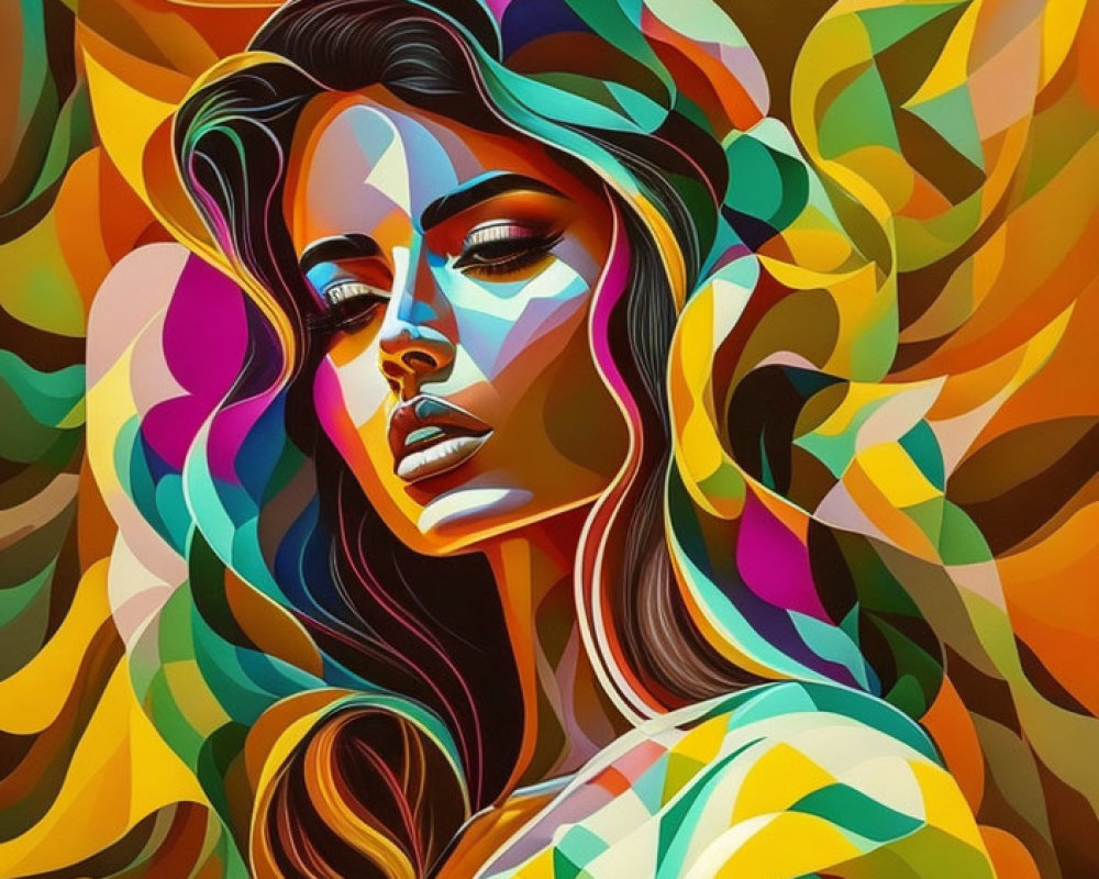 Colorful geometric digital portrait of woman with flowing hair