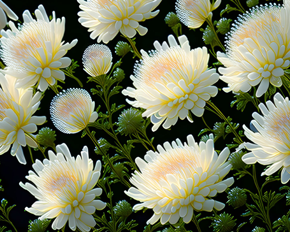 White and Yellow Chrysanthemum Flowers with Dew on Petals on Dark Background