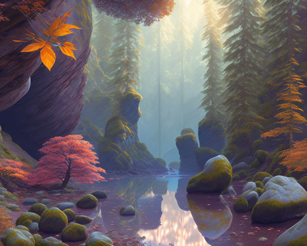 Tranquil forest landscape with sunlight, stream, mossy rocks, and autumn foliage
