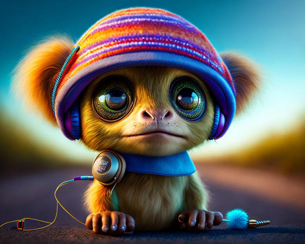 Colorful anthropomorphic creature with big eyes in striped hat and headphones on road