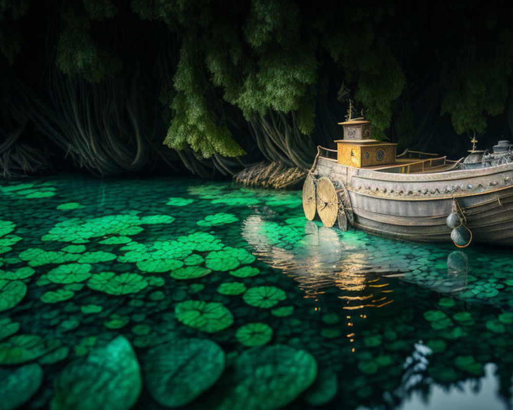Vintage paddle wheel boat on serene pond with lily pads and hanging tree roots