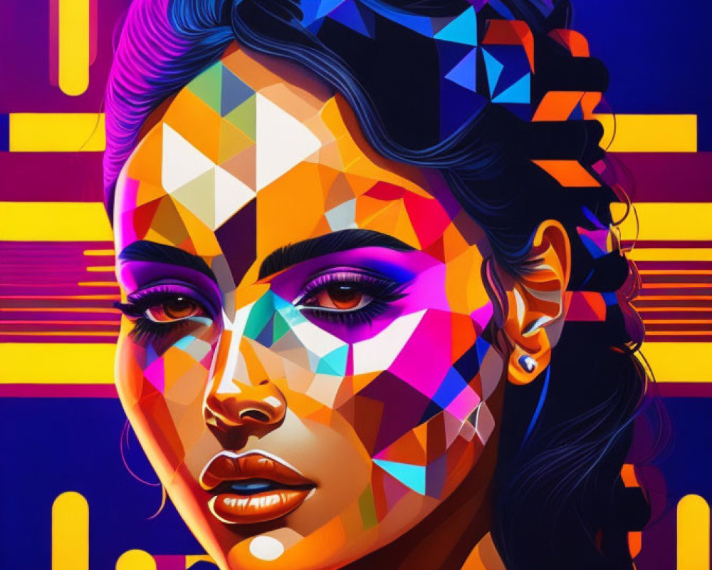 Vibrant geometric digital portrait of a woman with neon-like background