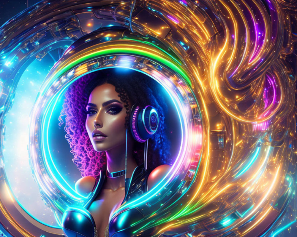 Futuristic digital artwork: Woman with headphones in neon-lit tech setting