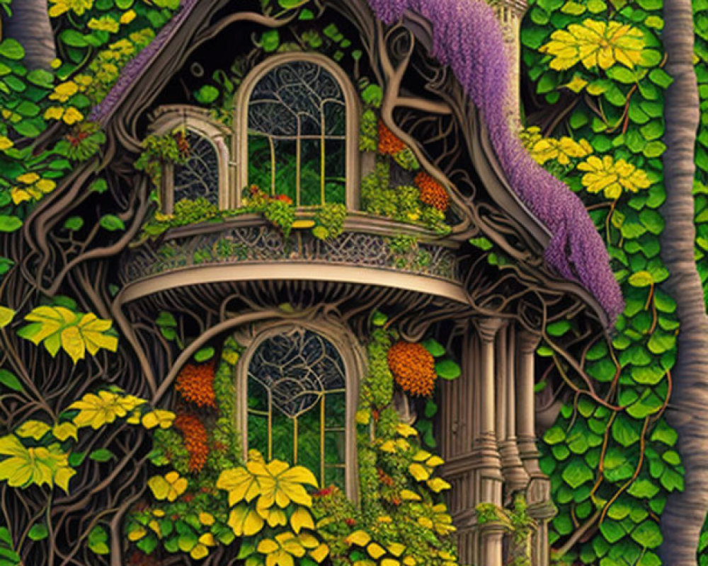 Detailed Wooden Treehouse Surrounded by Lush Greenery and Purple Flowers