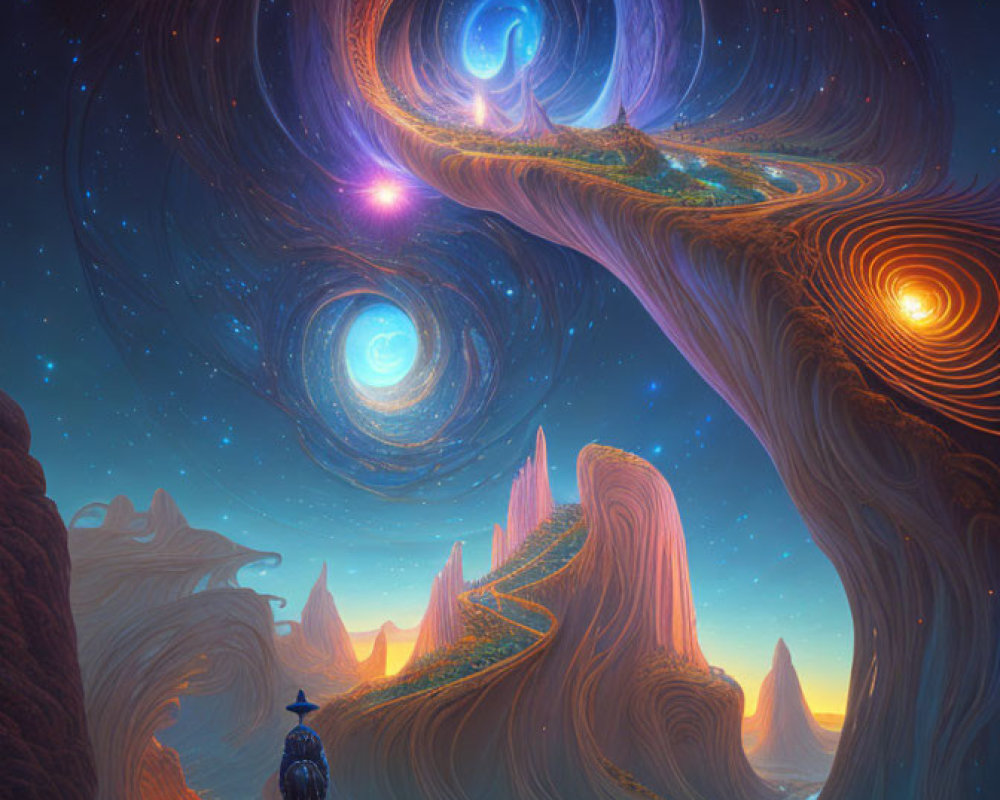 Person on rocky alien landscape gazes at surreal cosmic sky