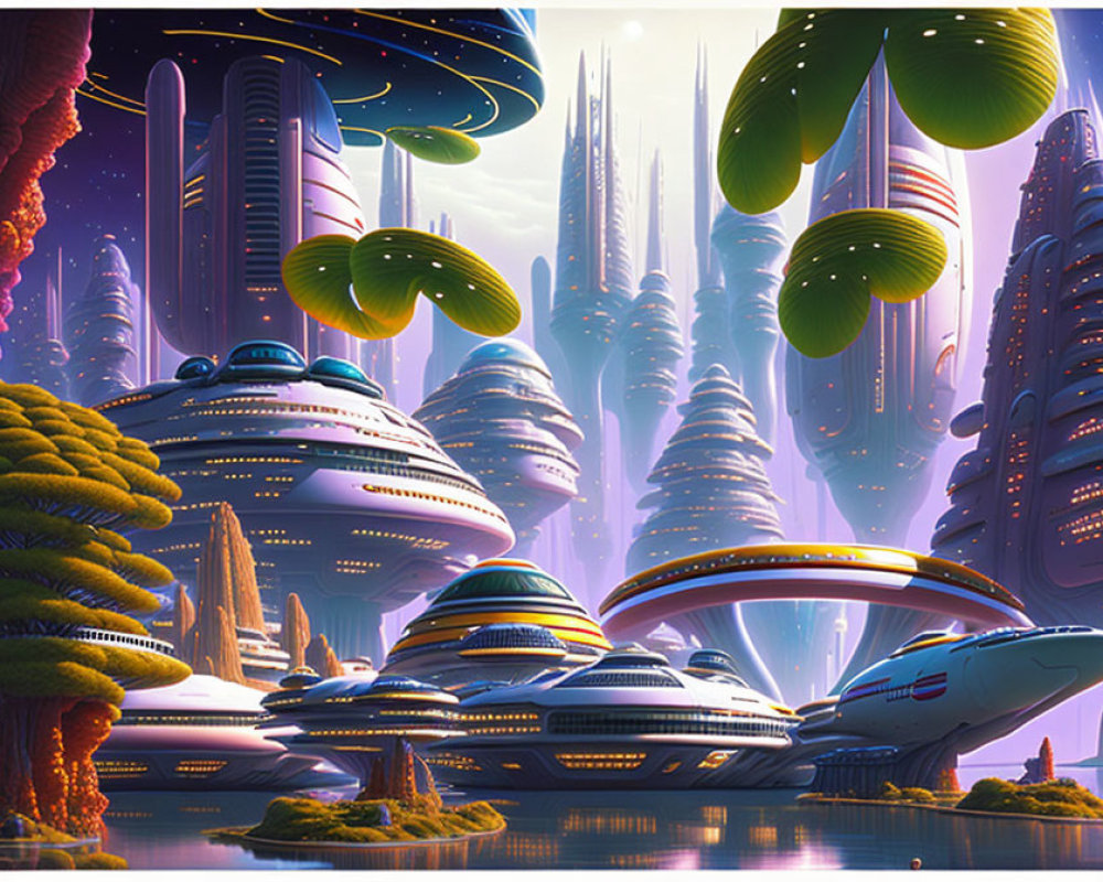 Futuristic cityscape with sleek skyscrapers and floating structures
