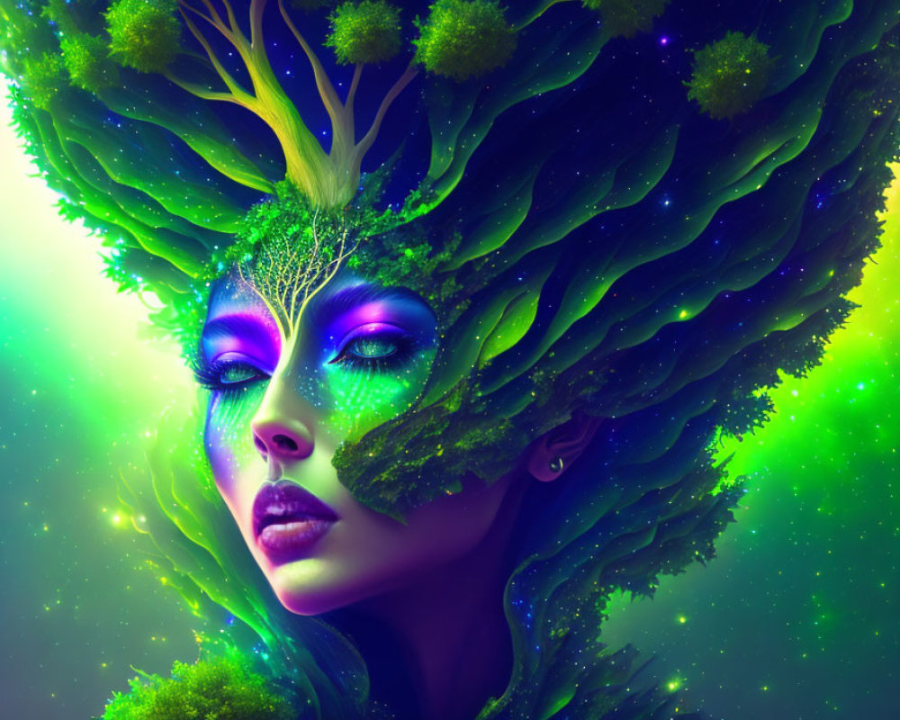 Fantastical digital artwork of a woman with tree-like crown.