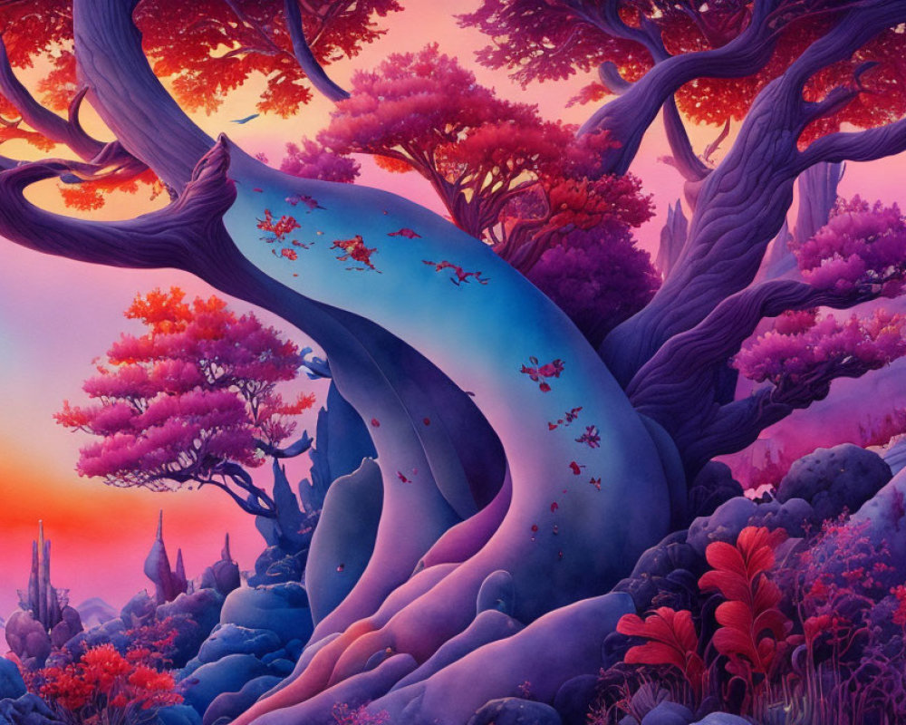 Mystical forest digital painting with pink and purple foliage