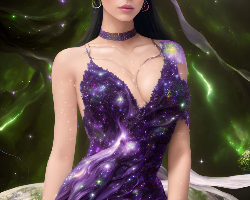 Digital artwork: Woman with dark hair in floral crown, cosmic purple dress, set against space backdrop with