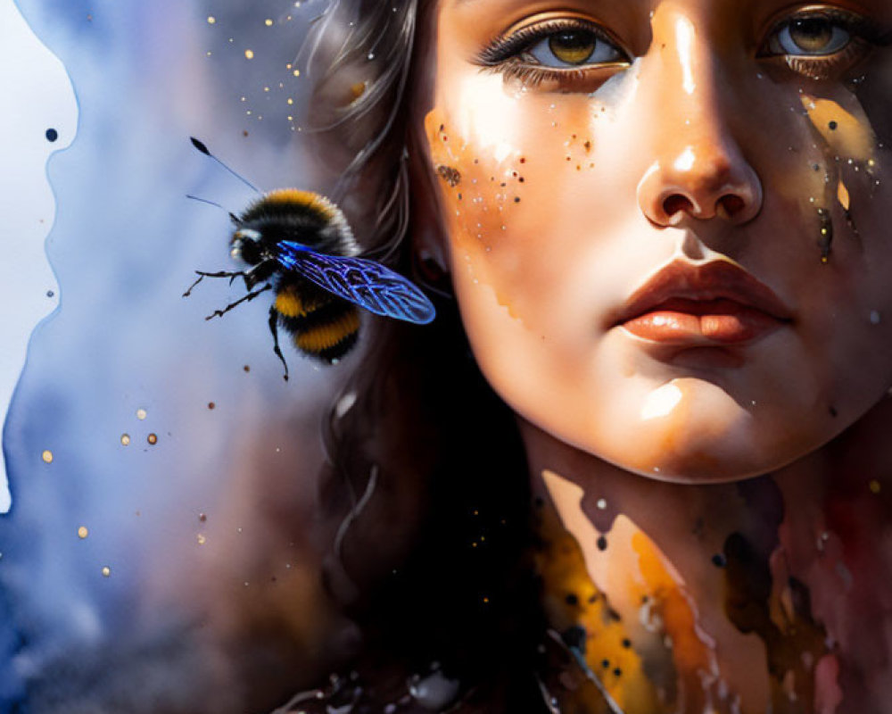 Close-up digital artwork featuring woman's face with striking eyes, water droplets, and vibrant bumble