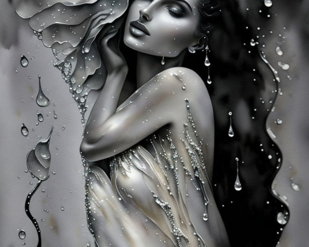 Monochromatic image: Woman with flowing hair in rain-like setting
