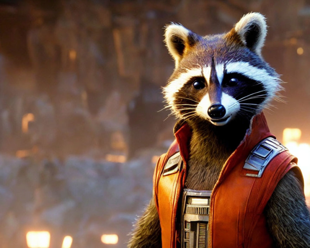 Realistic raccoon in red space suit with high-tech gear against fiery backdrop
