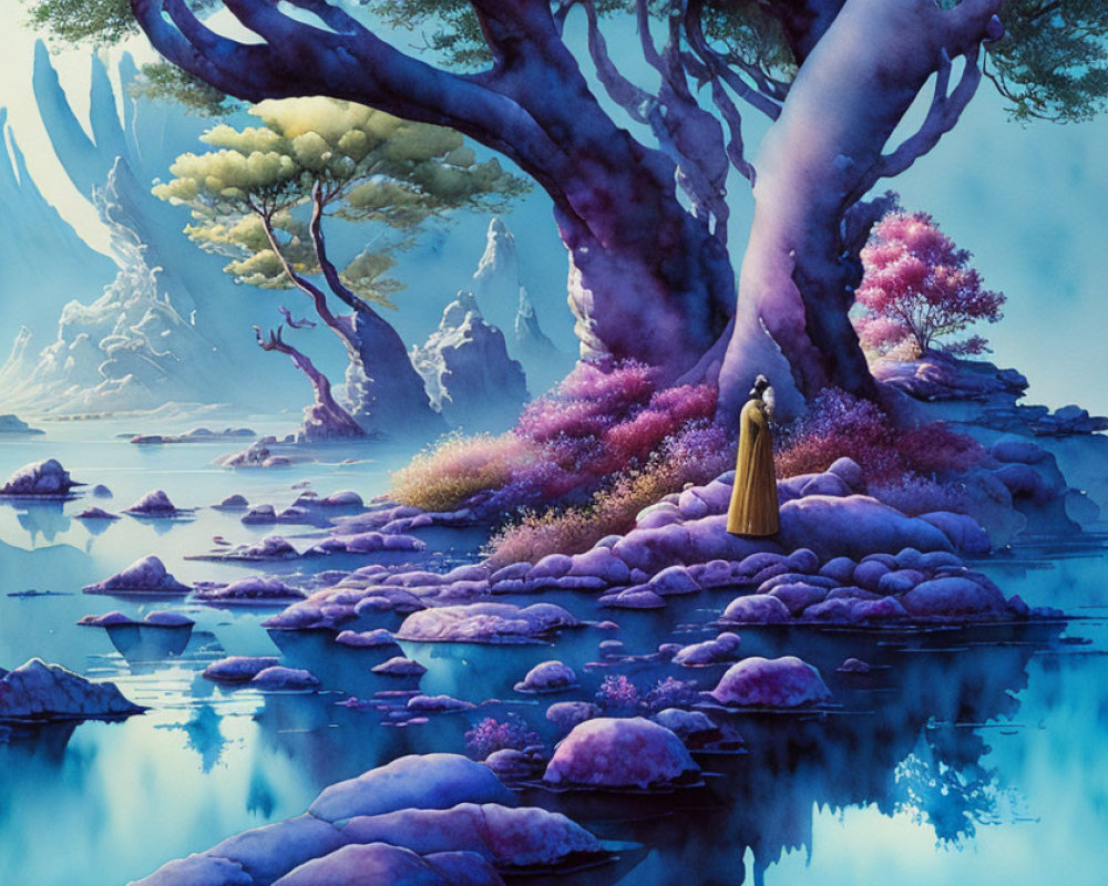 Tranquil landscape with large tree, purple flora, misty mountains, and figure by blue pond