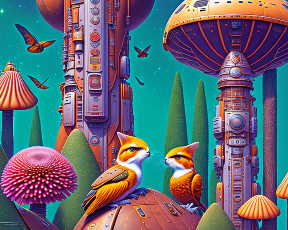 Whimsical foxes in colorful mushroom forest with futuristic elements