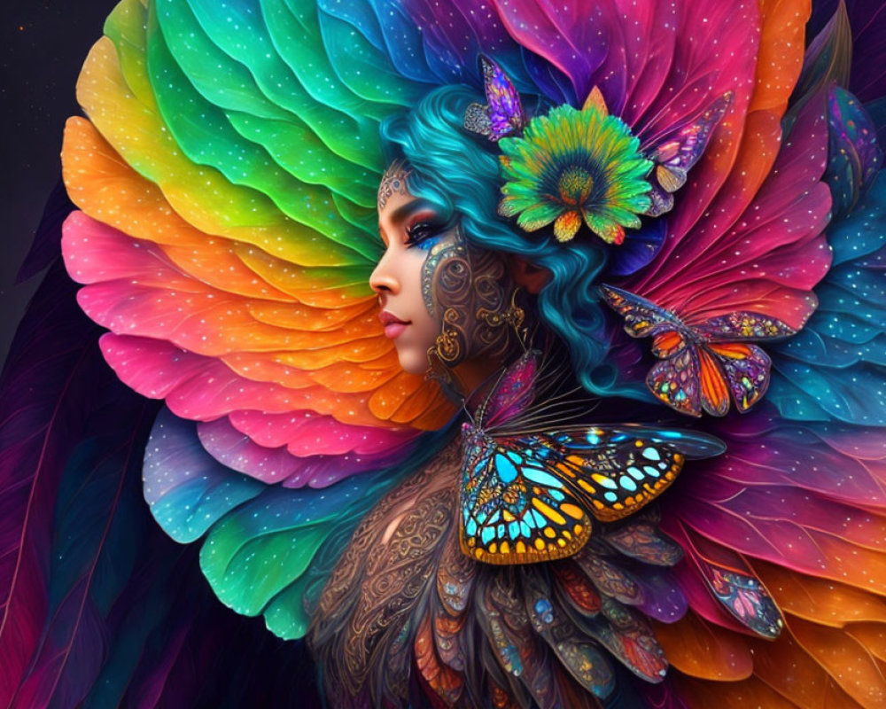 Vibrant digital artwork: Woman with rainbow feather hair and butterfly.