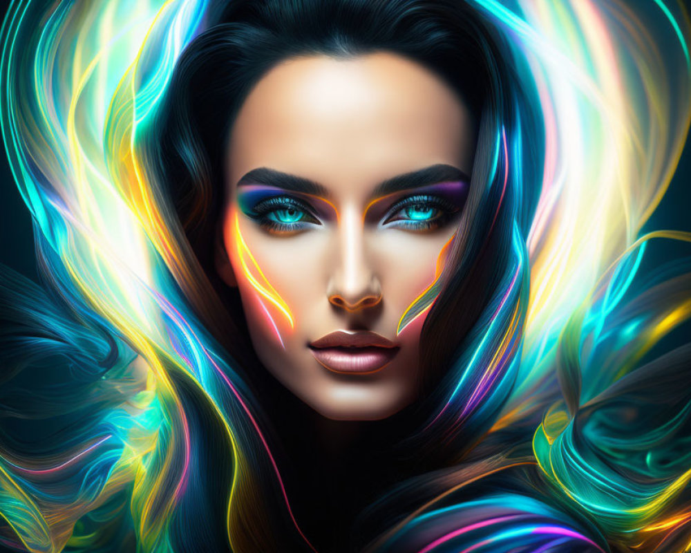 Colorful Digital Portrait of Woman with Multicolored Hair & Detailed Makeup