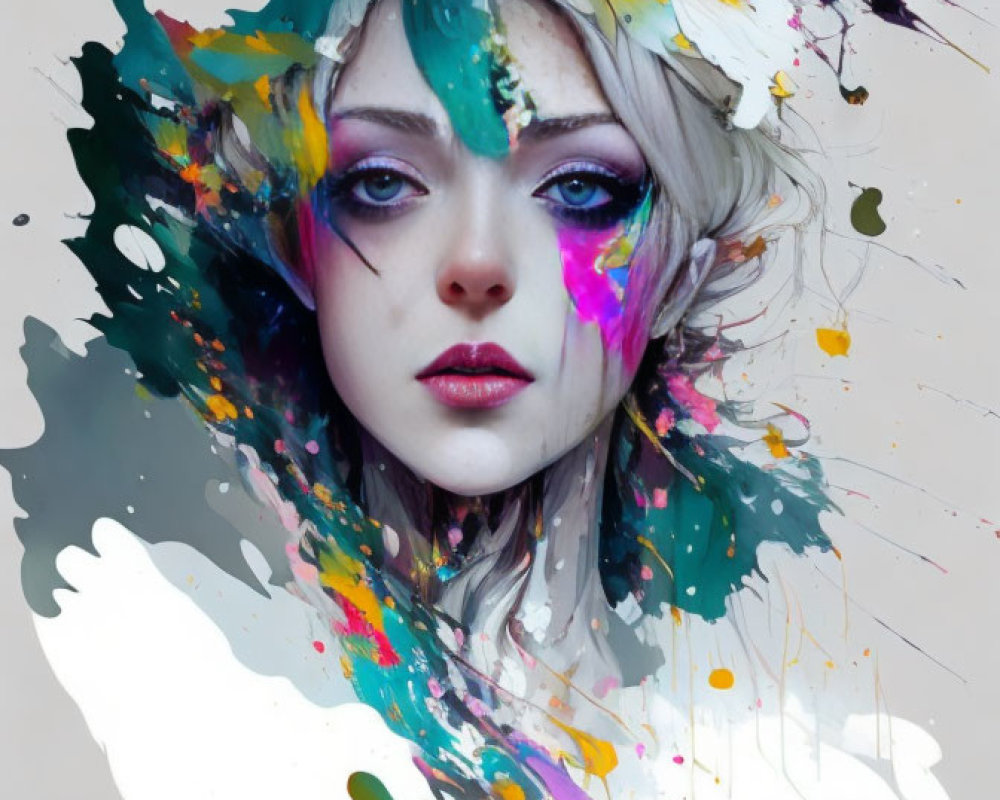 Vibrant colors merge with woman's visage in surreal portrait