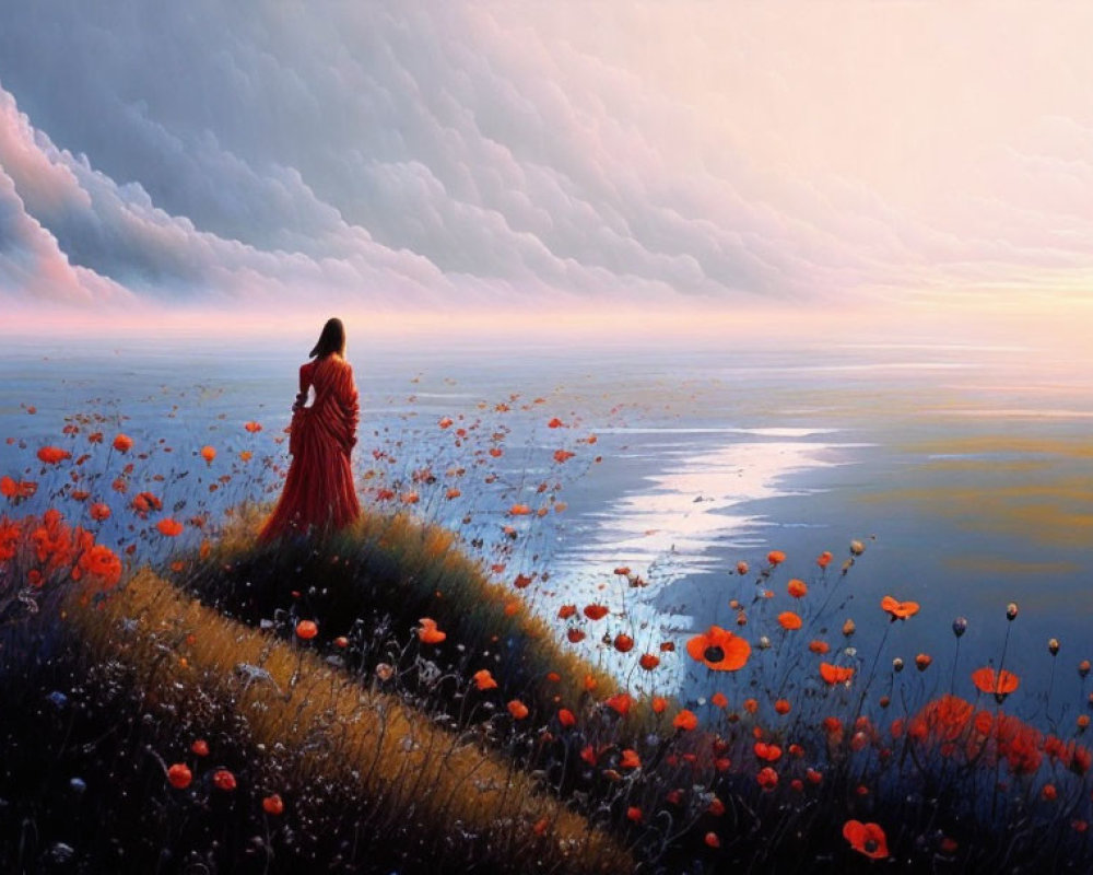 Woman in red dress on flower-covered hillside by calm sea at sunset