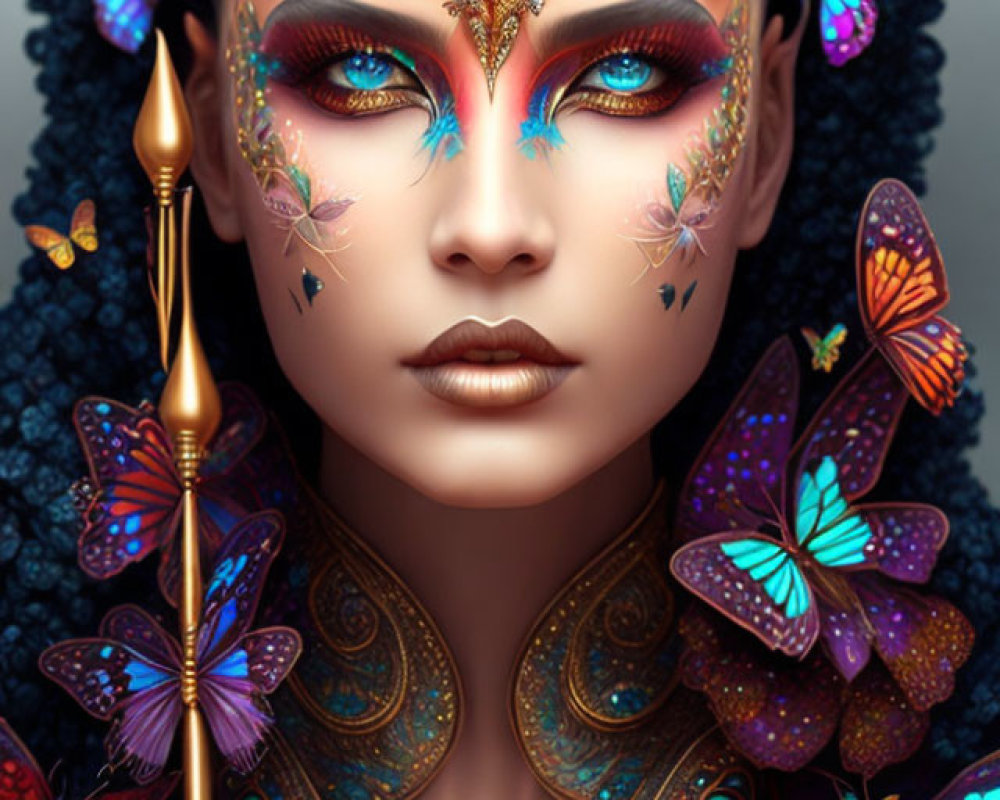 Elaborate gold butterfly face makeup with golden spear surrounded by vivid butterflies