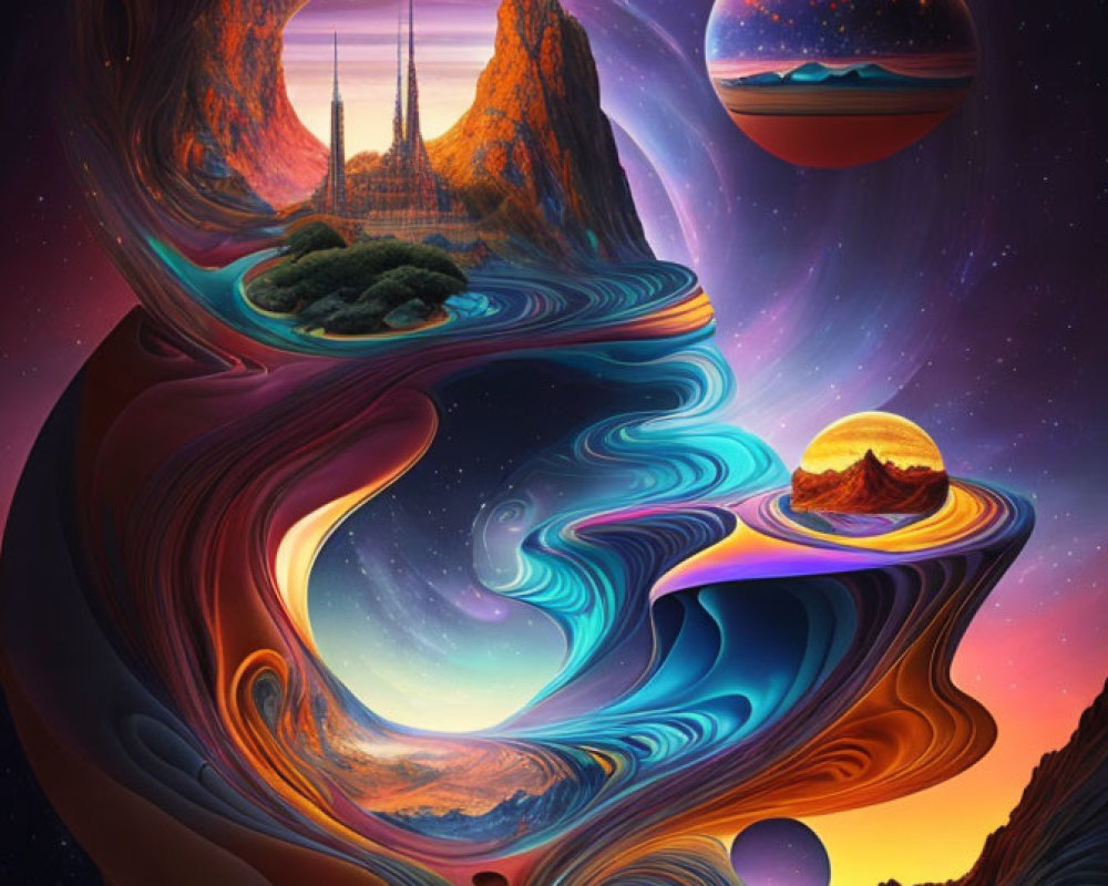 Vibrant surreal artwork with swirling patterns and celestial landscapes