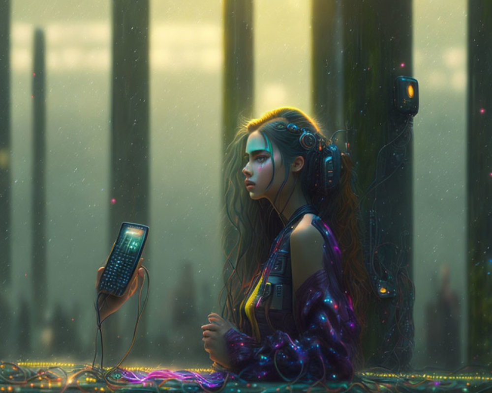 Futuristic woman with cybernetic enhancements in neon-lit cityscape