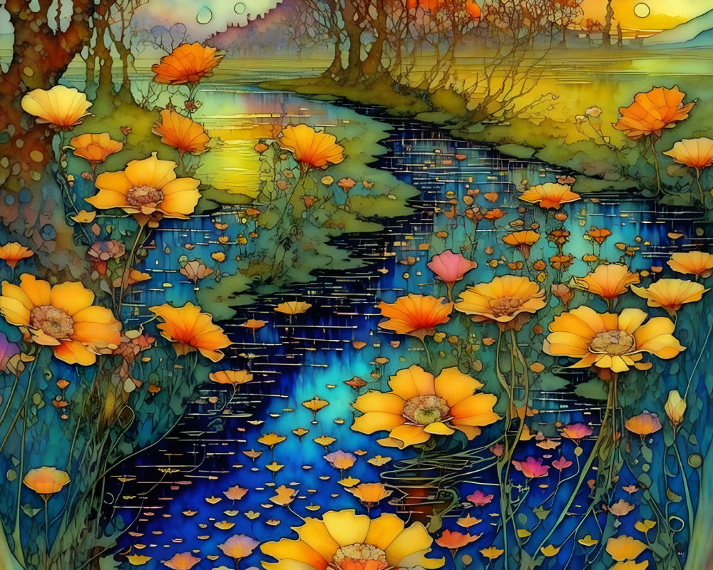 Colorful illustration: Dreamy landscape with orange flowers, river, and golden sunset