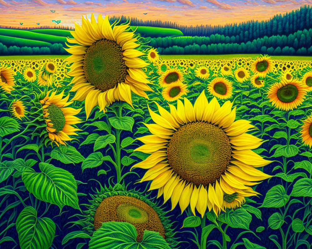 Lush sunflower field under clear sky with vibrant blooms