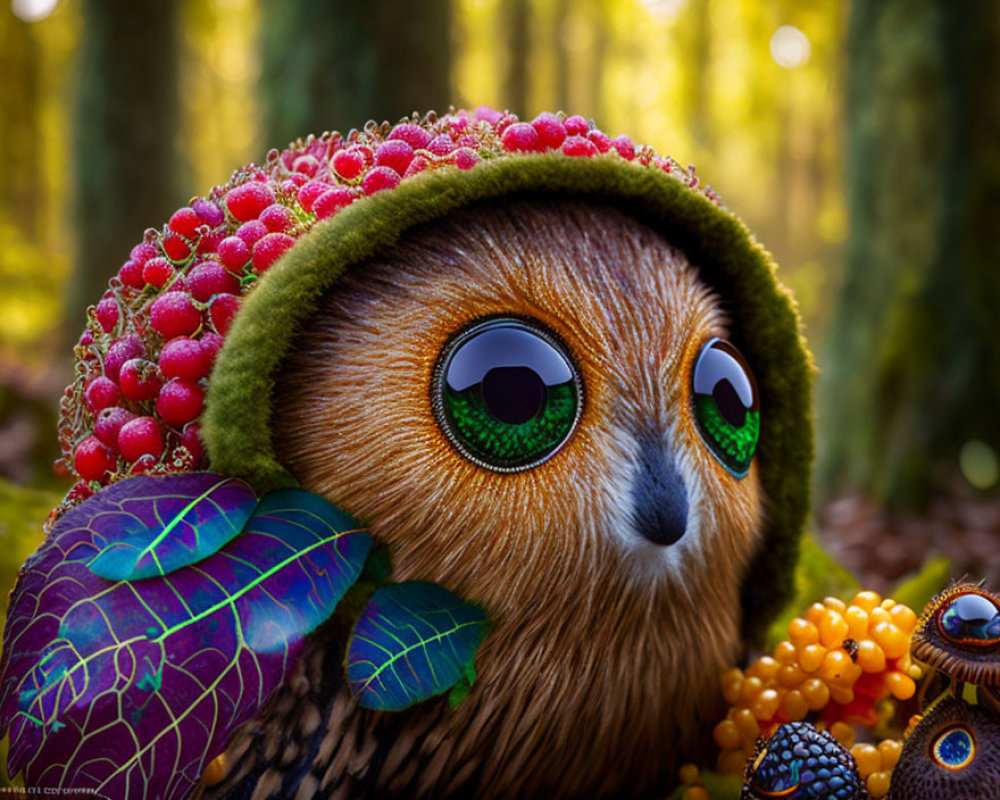 Colorful Owl-Faced Creature in Woodland Scene