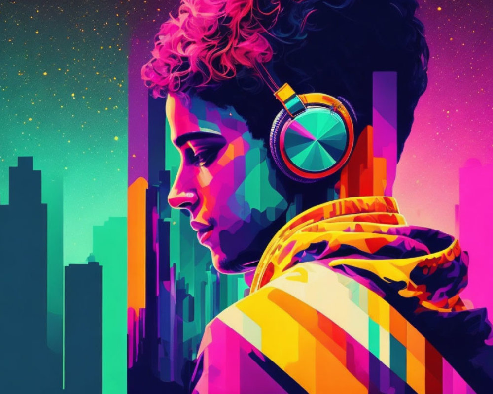 Colorful illustration of person with headphones in neon cityscape.