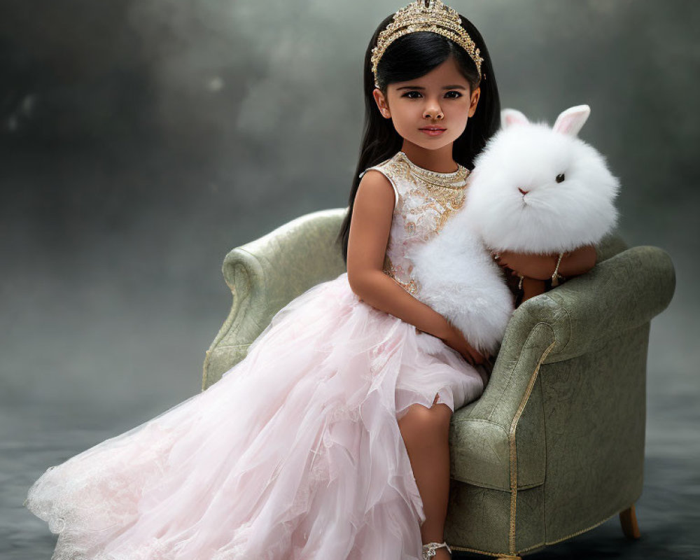 Young girl in princess dress with tiara holding white plush bunny