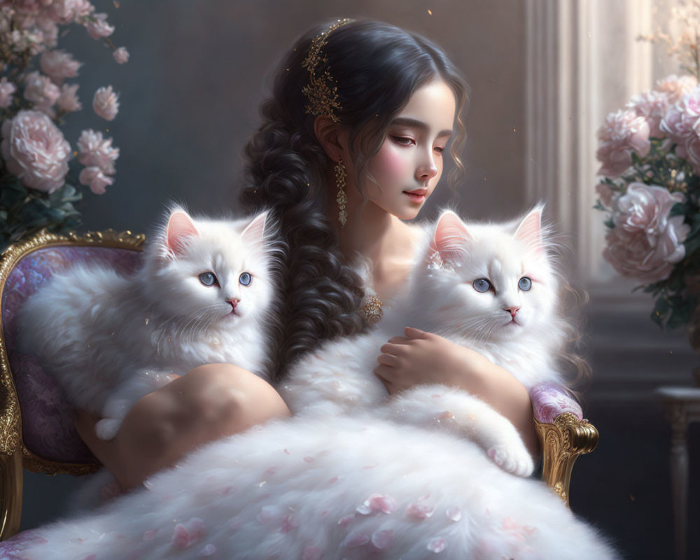 Dark-haired woman with gold jewelry holding white cats in pink blossom setting