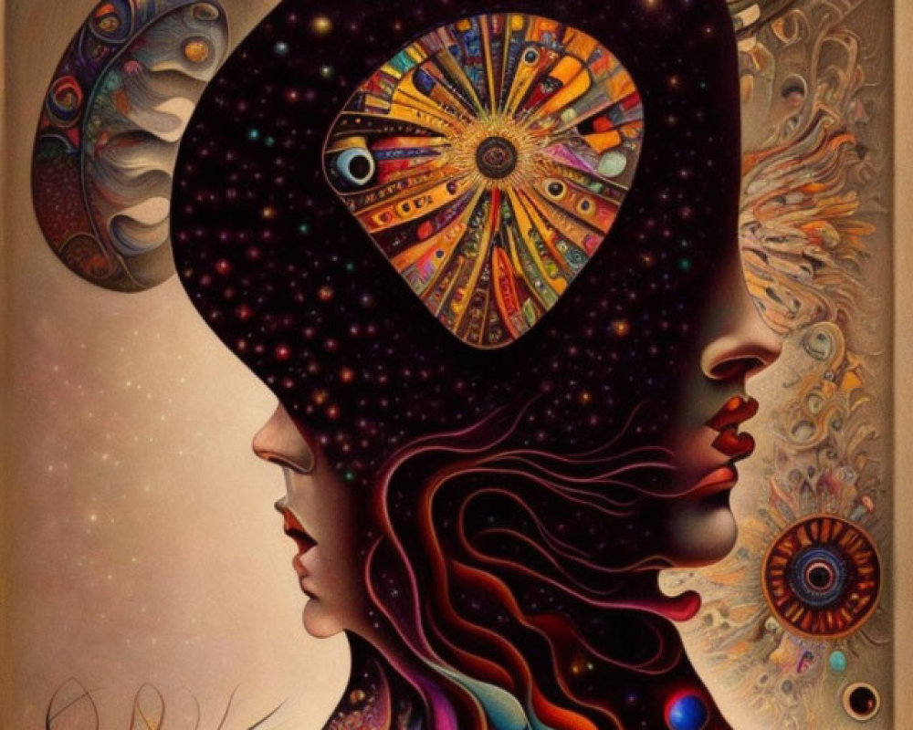 Surreal illustration of two faces with cosmic and organic elements
