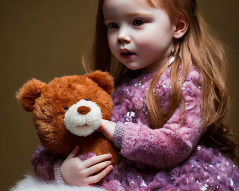 Red-haired girl in purple dress with tiara holding teddy bear